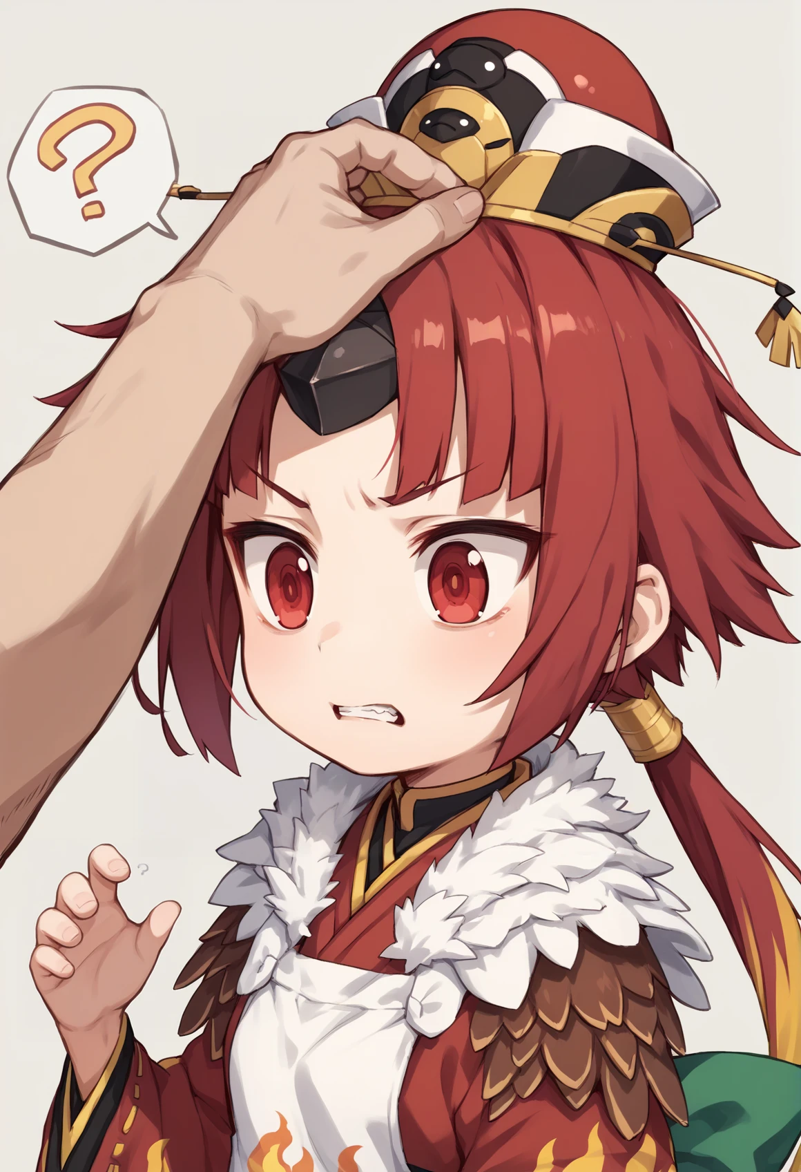 1girl, red eyes, red hair, yellow hair, long hair, Multicolored Hair, low ponytail, single horn, hat, red headwear, japanese clothes, kimono, flame print, wide sleeves, apron, feather trim, feathers <lora:Dechi:1> upper body, cowboy shot, ?, !?, headpat, messy hair, warm, cozy, teeth, score_9, score_8_up, score_7_up, score_6_up, score_5_up, score_4_up, BREAK source_anime, masterpiece