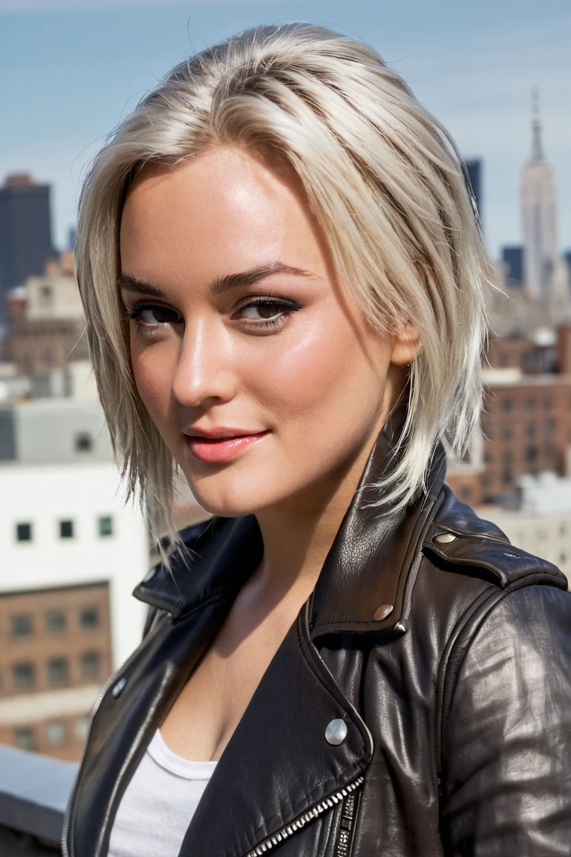 candid photo of a young ohwx woman,wearing a leather jacket, platinum hair,looking at the camera,natural lighting,natural skin,half body,on a rooftop, new york city skyline <lora:Leighton_Meester-000006:0.8>