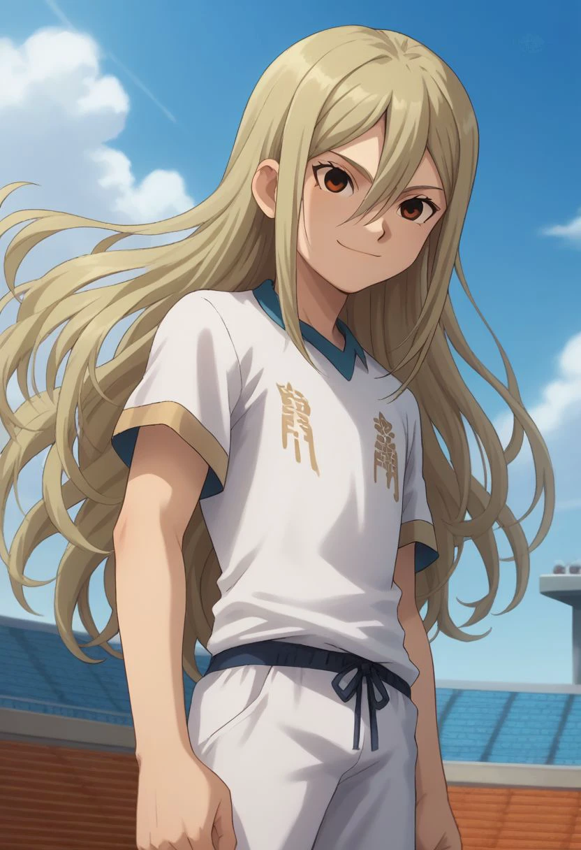 core_9, score_8_up, score_7_up, source_anime, highly detailed, slender, skinny, cute, 1boy, solo, male_focus,
byron, male focus, 1boy, solo, long hair, sky, cloud, blonde hair, day, soccer uniform, smile, sportswear, brown eyes,