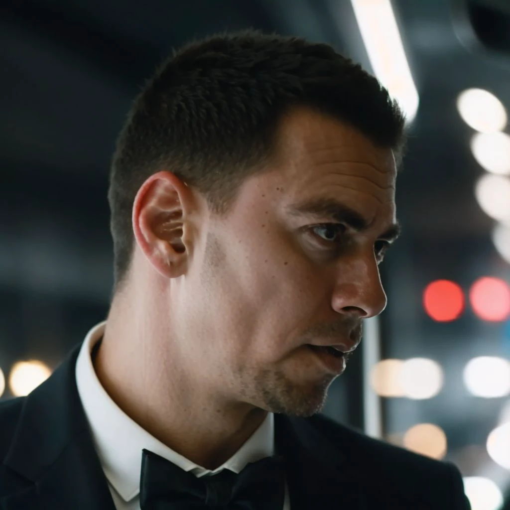 DLSR photo of vadymcavalera person using a tuxedo, face portrait, in blade runner, daylight, professional photography, high resolution, detailed photo, RAW, still film, f/16, uhd, hdr, 4k <lora:vadymcavalera_49050:1>
