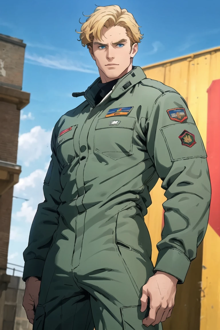 solo male, Lewis Smith \(Bang Brave Bang Bravern\), blond hair, short hair, blue  eyes, grey military pilot jumpsuit, black boots, mature, handsome, charming, alluring, standing, upper body, perfect anatomy, perfect proportions, best quality, masterpiece, high_resolution, dutch angle, cowboy shot, photo background,Lewis Smith<lora:EMS-367115-EMS:0.800000>