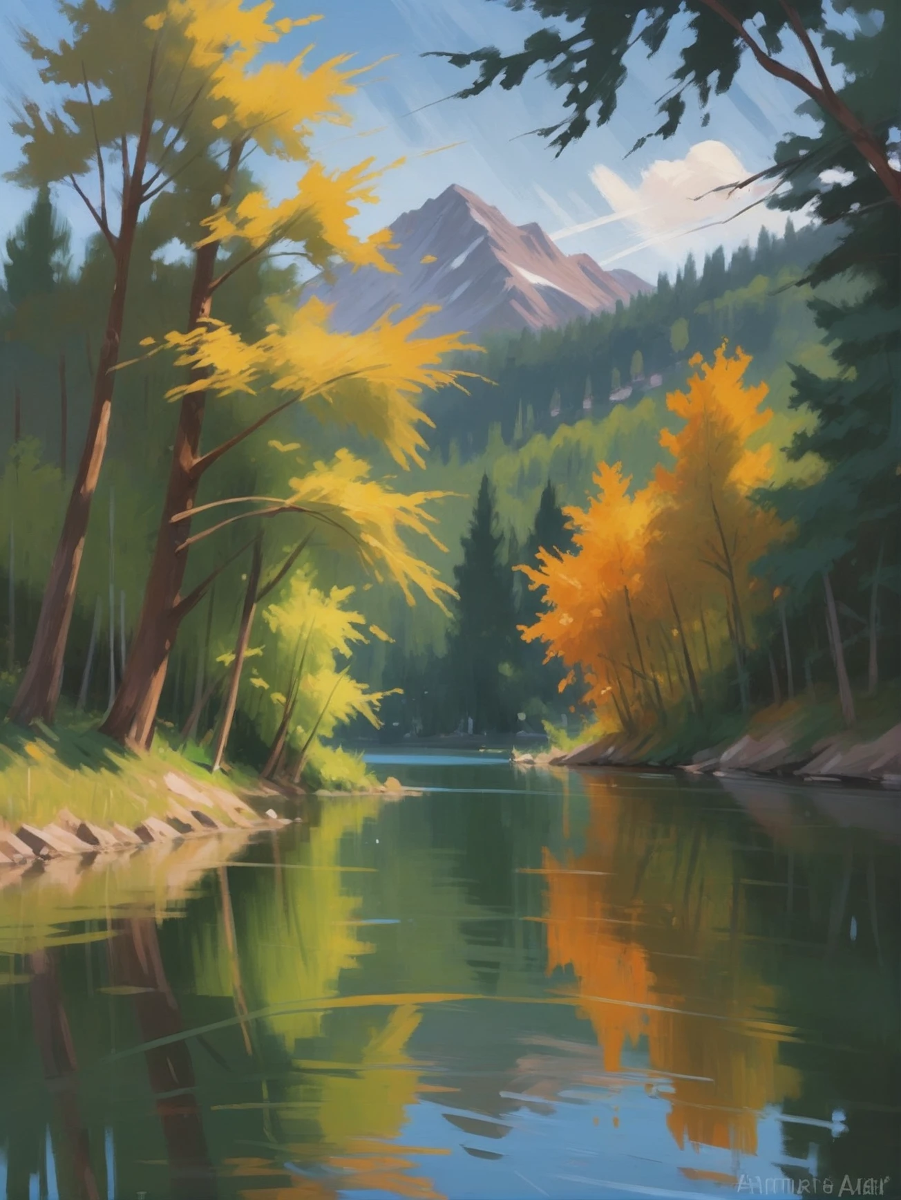 impressionist digital painting, Lake<lora:EnvyStarlightGoldenHour01:1>