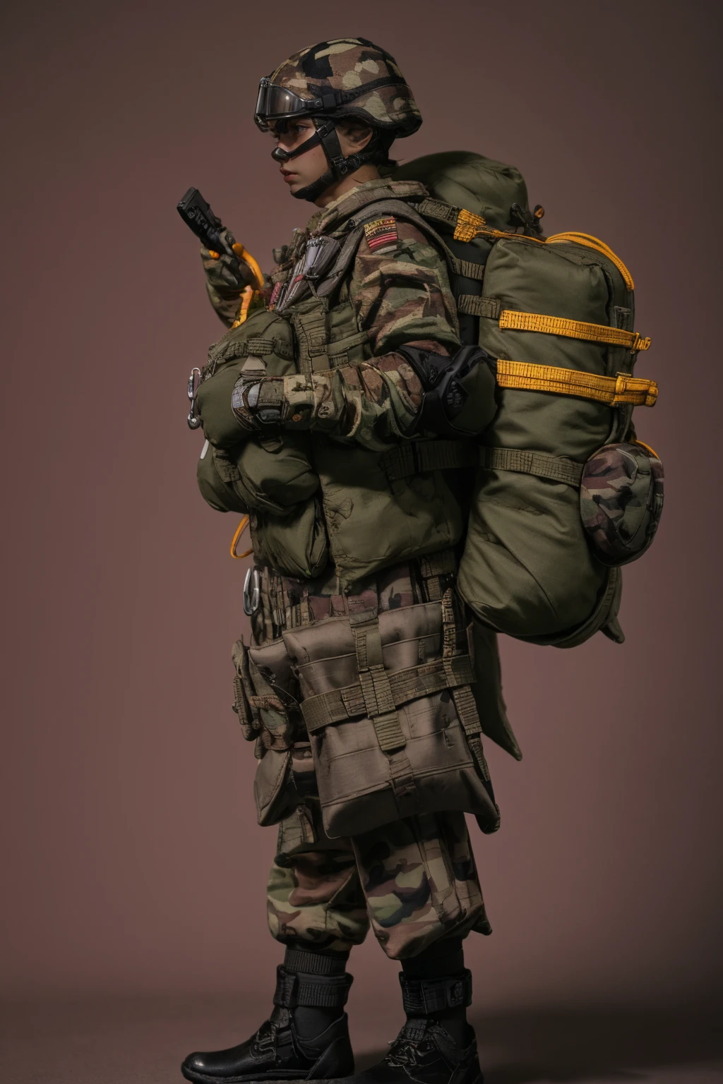 1girl,red background,full body,standing,,ruanyi0532,backpack,bag,camouflage jacket,camouflage pants,goggles,helmet,load bearing vest,rope,walkie-talkie,<lora:0532 Ranger Regiment Airborne_v1:1>, best quality,masterpiece,highres,official art,extremely detailed cg unity 8k wallpaper
