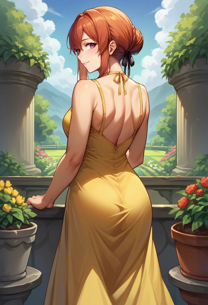 score_9, score_8_up, source_anime, 1girl, solo, MonarchAL, hair bun, sidelocks, black hair ribbon, from behind, yellow sundress, garden, day, sunshine, smile, looking back, <lora:ChamMonarchPonyXL:1>