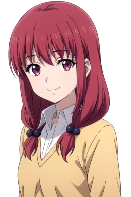 solo, 1girl, looking at viewer, 2D, anime, anime coloring, upper body, (simple background, solid white background:1.3), <lora:nonoka-iwakakeru:0.8>, nonoka suigura, school uniform, sweater, smile