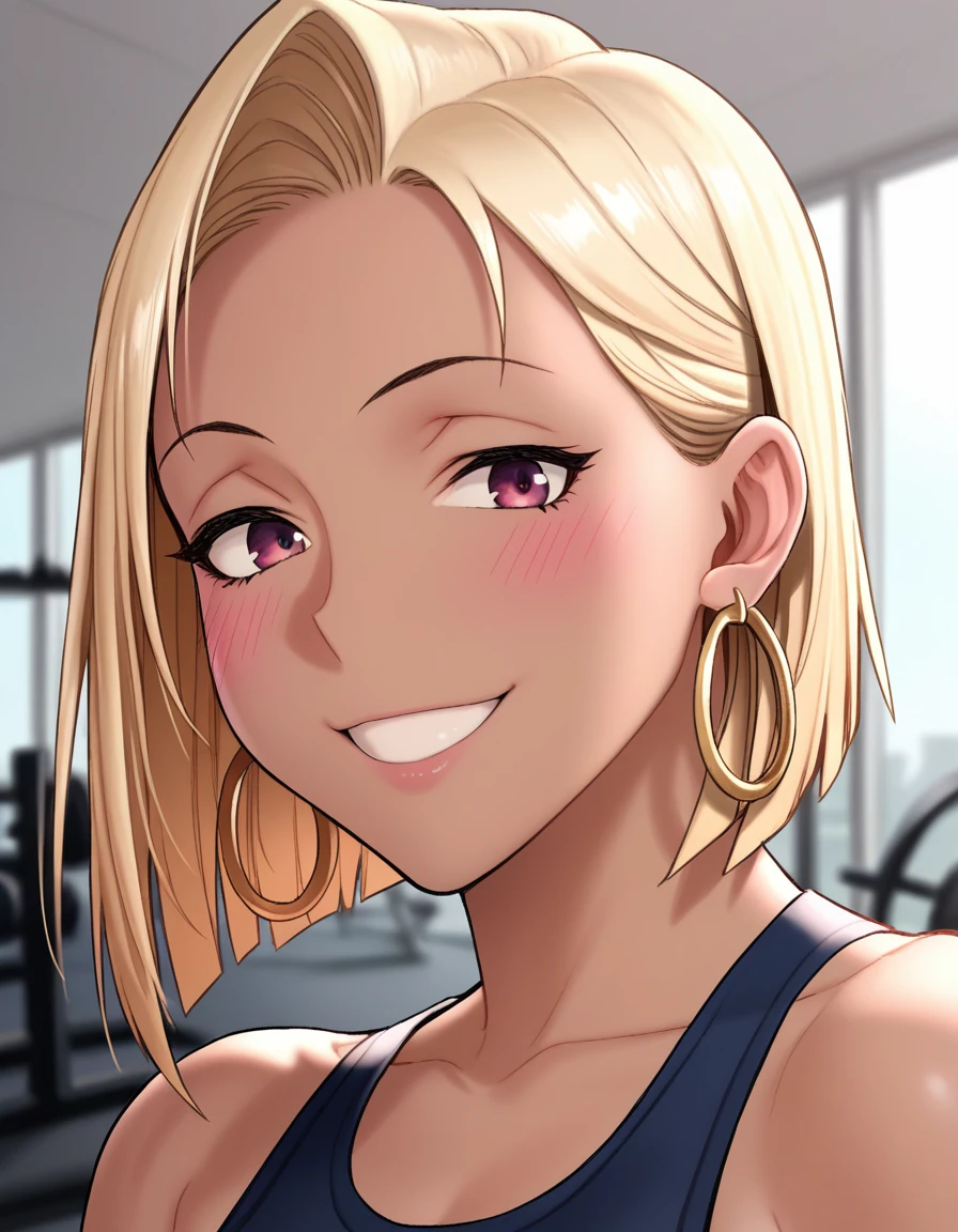 score_9,score_8_up,score_7_up, source_anime, portrait, gym, detailed face, looking at viewer, blush, smile, 1girl, solo, <lora:Hani_-_Sexercise_Manhwa_Pony:1> fwhani, brown skin, hoop earrings