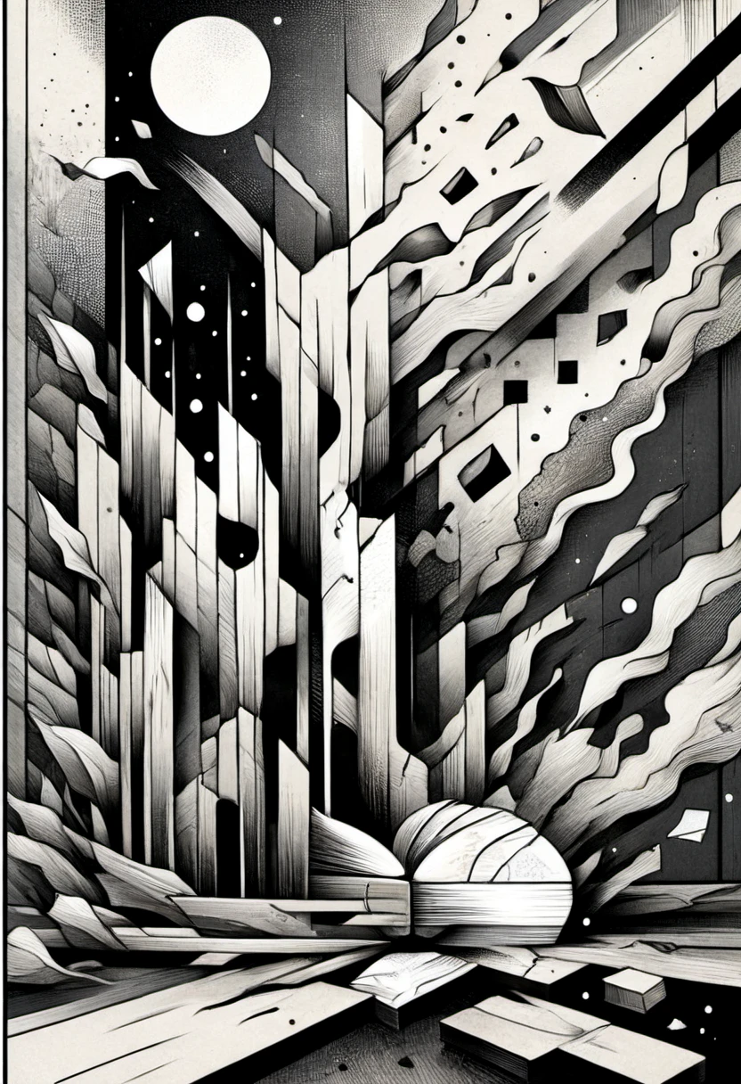 DonMFr4ctur3dD1ffXL illustration pocket-sized book, coptic binding, debossing, bamboo, bookplates, fractured, dissolve, monochrome <lora:DonMFr4ctur3dD1ffXL-000008:1.0>