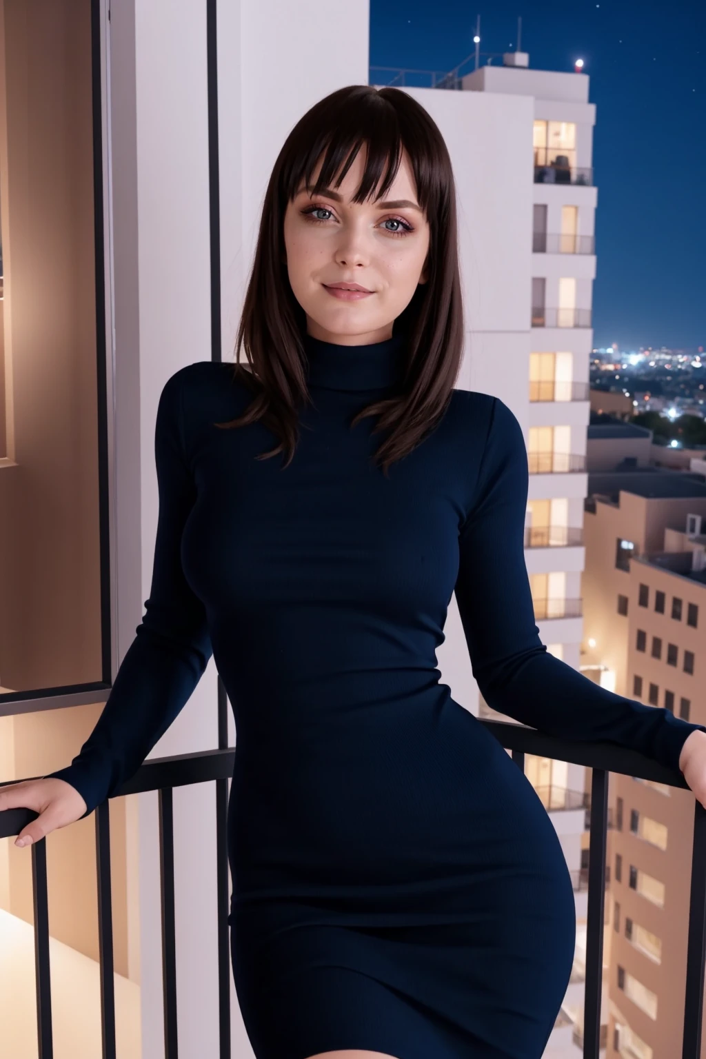 <lora:mondongo_LoRA_NalaNova:0.9> mndngwmn, (ultra realistic, 8k,high quality), above the waist photo, wearing a turtleneck bodycon dress, on a balcony at night with city on background