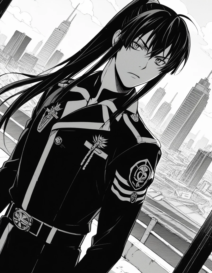 score_9, score_8_up, score_7_up, source_anime,
yuukanda, <lora:yuu-kanda-manga-ponyxl-lora-nochekaiser:1>,
yuu kanda, long hair, monochrome, ponytail, greyscale, male focus,
gloves, uniform, military, military uniform,
outdoors, cityscape,
looking at viewer, solo, cowboy shot, dutch angle,