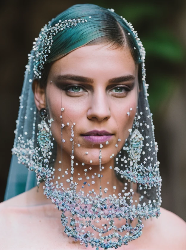 RAW photo, subject, 8k uhd, dslr, high quality, film grain, Fujifilm XT3, professional photo, (detailed skin:1.3), high quality, <lora:Beaded_Veil:0.8> , beaded veil, wearing beaded veil, hard shadows, detailed veil, pastel colors, limited palette, light purple, light turquoise, aqua, orchid color, portrait, upper body,  lavender color, purple eyes,