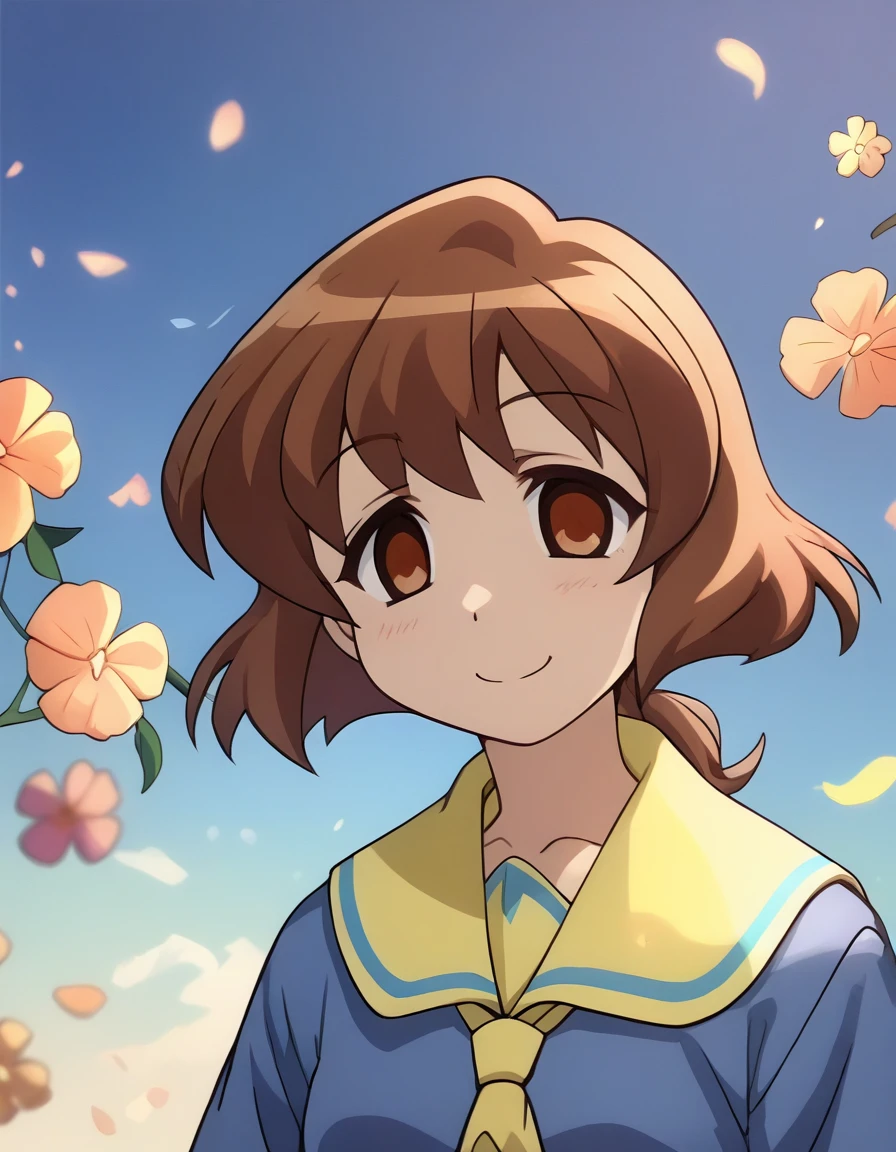 <lora:Smooth Anime 2 Style SDXL_LoRA_Pony Diffusion V6 XL:0.8> score_9, score_8_up, score_7_up, score_6_up, score_5_up, score_4_up, source_anime, BREAK, <lora:Ichijo PONY:1> 1girl, ichijo, brown hair, brown eyes, short hair, blue shirt, yellow sailor collar, empty eyes, solo, smile