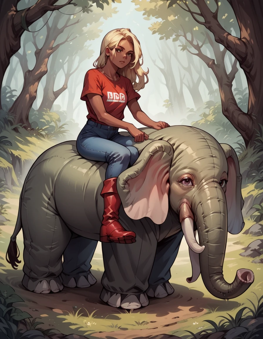 score_9, score_8_up, score_7_up, score_6_up, score_5_up, score_4_up, source_anime, best quality, hud_inf_eleph, 1girl, long blonde hair, dark skin, shirt, pants, red boots, <lora:enflatableelephant:0.7>, riding inflatable elephant