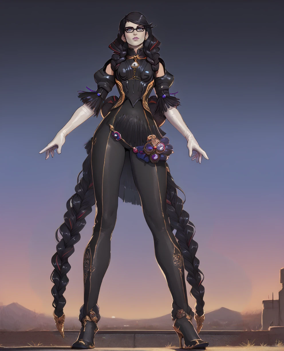 score_9,score_8_up,score_7_up,score_6_up,bayonettaxl,light blue eyes,makeup,black hair,red hair,mole under mouth,glasses,jewelry,long skirt,twin braids,black bodysuit,pants,long sleeves,white elbow gloves,evening,looking at viewer,high heels,outdoors,
<lora:BayonettaPxl5th:1>,