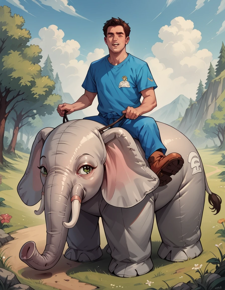 score_9, score_8_up, score_7_up, score_6_up, score_5_up, score_4_up, source_anime, best quality, hud_inf_eleph, 1boy, donald trump, shirt, <lora:enflatableelephant:0.7>, riding inflatable elephant