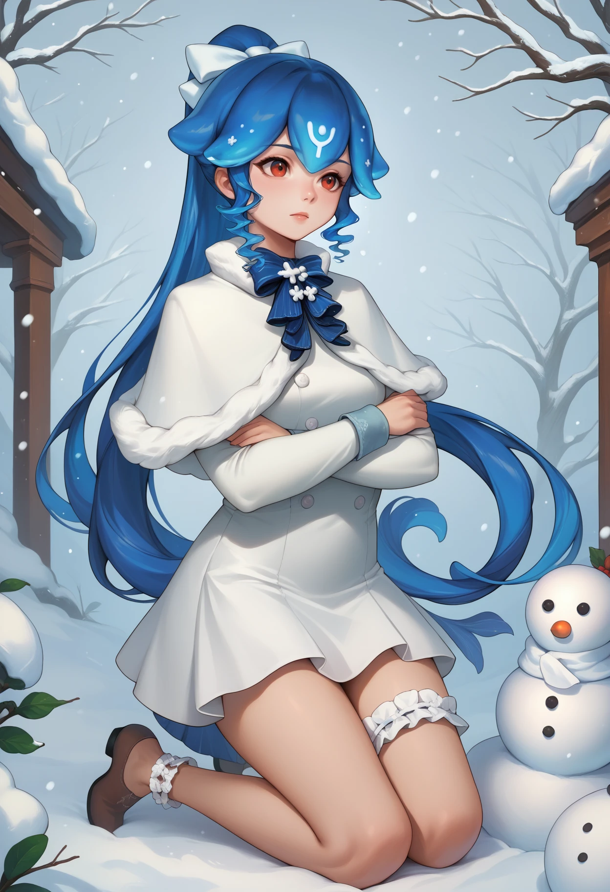 score_9, score_8_up, score_7_up, source_anime, 1girl, solo, <lora:Bao_XLPD:1>, BaoWinter, blue hair, liquid hair, ponytail, bangs, long hair, hair bow, white capelet, white dress, short dress, short skirt, white bow, fur trim, thighs, bridal garter, outdoors, winter, snowing, snowman, kneeling, crossed arms,