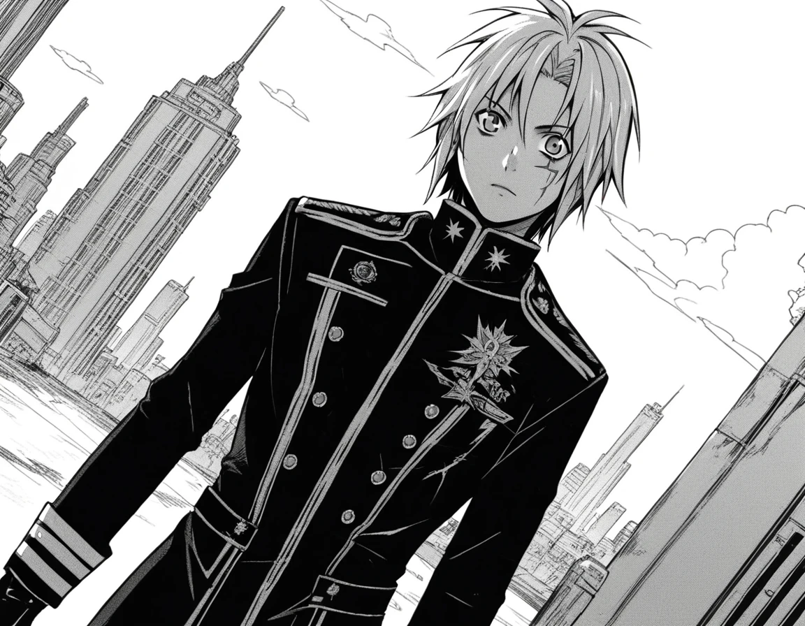 score_9, score_8_up, score_7_up, source_anime,
allenwalker, <lora:allen-walker-manga-ponyxl-lora-nochekaiser:1>,
allen walker, short hair, monochrome, greyscale, scar,
gloves, uniform, military, military uniform,
outdoors, cityscape,
looking at viewer, solo, cowboy shot, dutch angle,