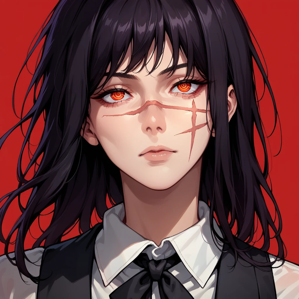 score_9, score_8_up, score_7_up, 1girl, solo, aged_up, looking at viewer,<lora:Yoru_Chainsaw-Man_Pony-000008:1>, yoru, scar on face, red eyes, (ringed eyes), close-up