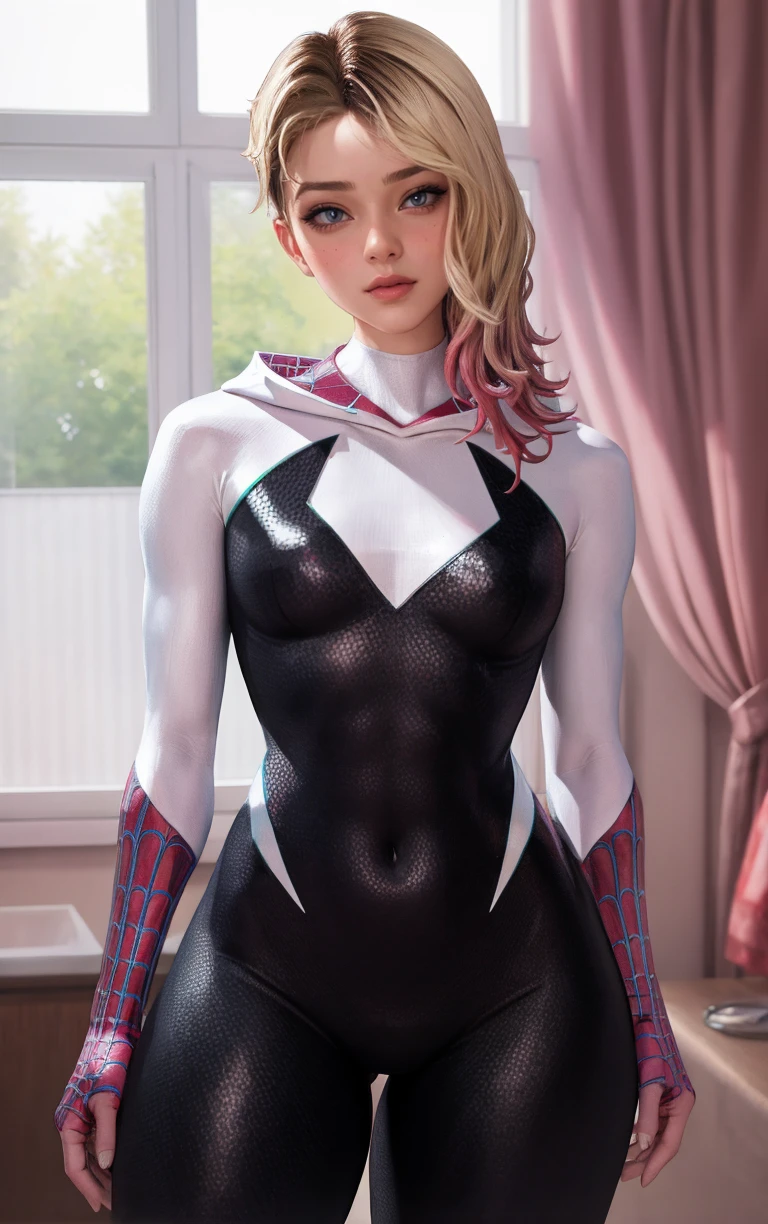 Costum_AcrossSpiderVerse_GwenStacy_ownwaifu,
1girl, blonde hair, short hair, blue eyes, eyebrow piercing, lips, freckles, blush, hair over one eye, multicolored hair, asymmetrical hair, two-tone hair, undercut, breasts, medium breasts, toned, makeup, red lips,
hooded bodysuit, spider web print, silk, white bodysuit, skin tight, mask removed, no mask, superhero, animification, covered navel, 
<lora:CARTOON_AcrossSpiderVerse_GwenStacy_ownwaifu:1> ,
((masterpiece)),((best quality)),(highres, absurdres), original, official_art, chromatic_aberration, bokeh, depth_of_field, window, wisteria, loaded_interior, skylight, sunset, indoors, window_shade, potted_plant, focused, looking at viewer, solo, cowboy shot,