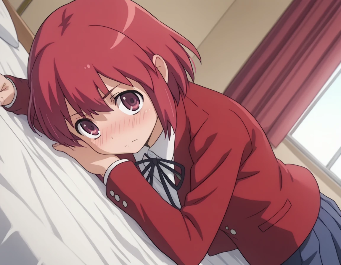 score_9, score_8_up, score_7_up, source_anime,
minorikushieda, <lora:minori-kushieda-s1-ponyxl-lora-nochekaiser:1>,
minori kushieda, short hair, red eyes, red hair,
school uniform, oohashi high school uniform, jacket, red jacket, long sleeves, shirt, white shirt, collared shirt, ribbon, skirt, pleated skirt,
indoors, bed, bed room, on side, blush, drunk,
looking at viewer, solo, cowboy shot, dutch angle,
