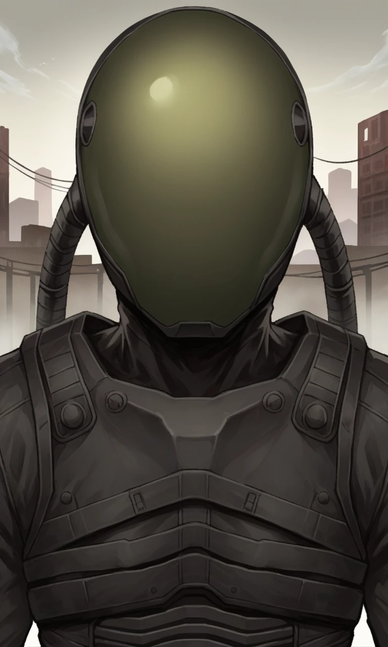 anime artwork score_9, score_8_up, score_7_up, score_6_up, BREAK source_anime, soft lineart, 1boy, glavakolhoza_sevasuit, sci-fi suit, helmet, standing, relaxed pose, post-apocalyptic landscape, post-apocalyptic city, <lora:glavakolhoza_sevasuit:0.7>, close up, upper body . anime style, key visual, vibrant, studio anime,  highly detailed