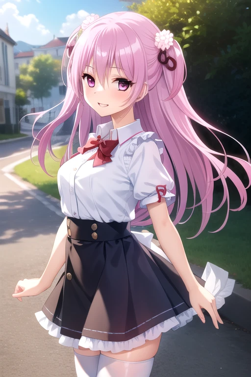 ((masterpiece)),(best quality),official art,extremely delicate and beautiful,extremely detailed CG,unity 8k wallpaper,ultra detailed,beautiful detailed eyes,extremely detailed face,outdoors,1girl,solo,cowboy shot,looking at viewer,facing viewer,smile,(petite:1.2),Midou Konoka,long hair,pink hair,twintails,two side up,hair ornament,hair ribbon,hair flower,hair between eyes,bangs,pink eyes,school uniform,red bowtie,white shirt,collared shirt,puffy short sleeves,frills,large breasts,high-waist skirt,black skirt,zettai ryouiki,white thighhighs,loafers,<lora:Midou Konoka(ig)>,