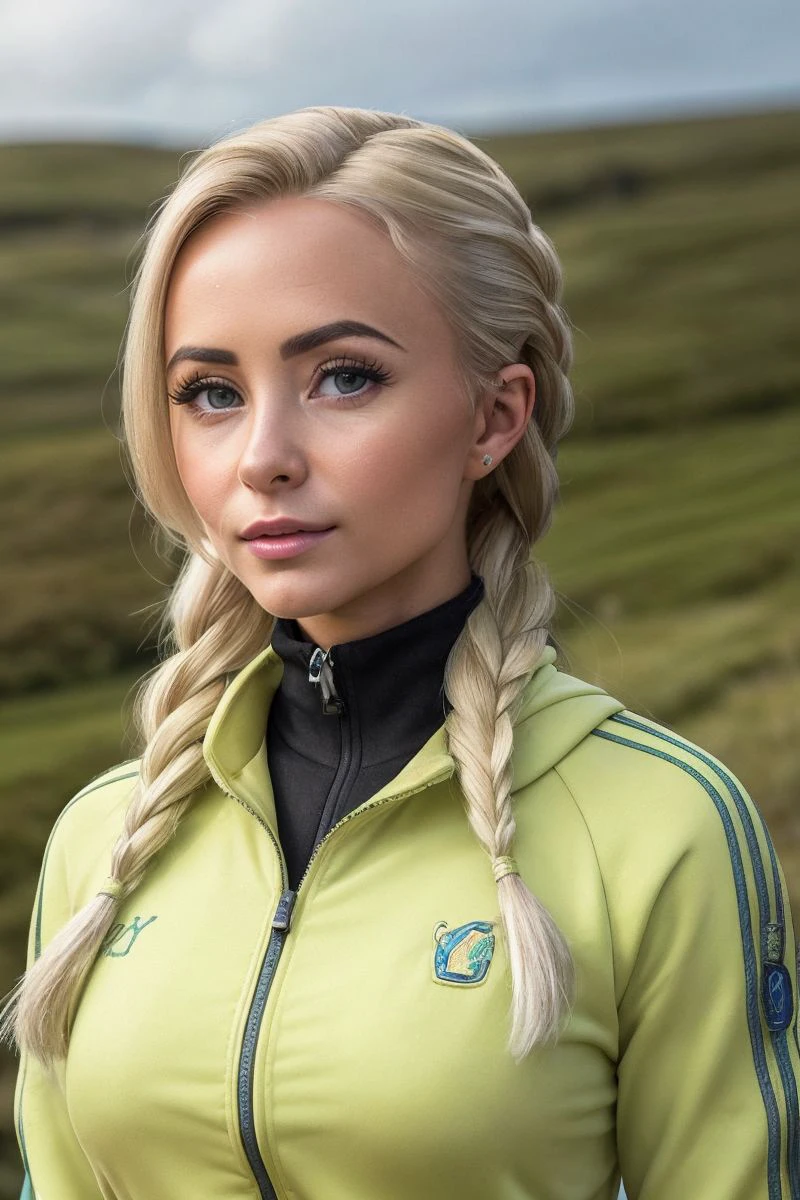 photo of S404_EmilySinger,a stylish woman,in a (moorland:1.1),wearing a (tracksuit:1.1),(braids),(braid),(4k, RAW photo, best quality, 50mm, depth of field, ultra high res:1.1),(intricate, photorealistic, cinematic-shot, masterpiece, ultra-detailed:1.1),