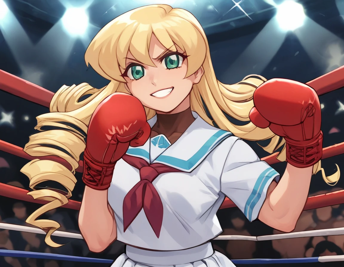 <lora:Smooth Anime 2 Style SDXL_LoRA_Pony Diffusion V6 XL:0.8> score_9, score_8_up, score_7_up, score_6_up, score_5_up, score_4_up, source_anime, BREAK, <lora:Nanjo Misao PONY:1> 1girl, nanjo misao, blonde hair, long hair, white school uniform, green eyes, drill hair, in a boxing match, boxing gloves, evil smile