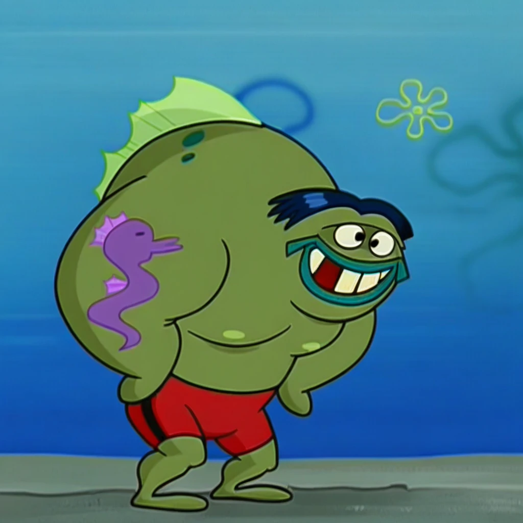 Green thug fish, solo, anthro fish man, hunchback, muscular male, 1boy, thick arms, seahorse tattoo, fish lips, green skin, red shorts, smile, open mouth, teeth, hands on hip