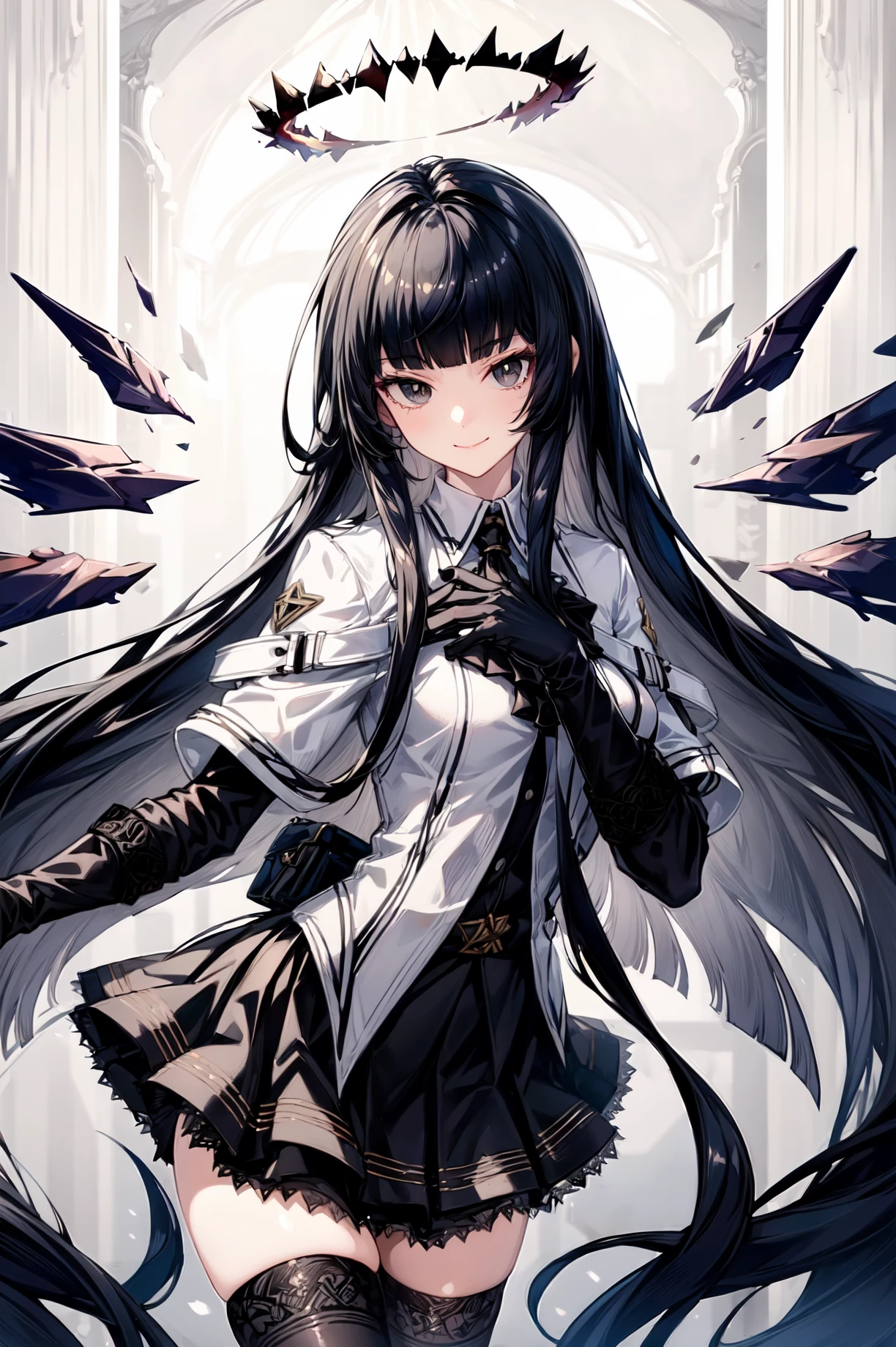 <lora:virtuosa:0.7>,1girl,solo,long hair,bangs,black hair,looking at viewer,very long hair,gloves,black gloves,halo,blunt bangs,closed mouth,wings,black skirt,black eyes,thighhighs,white shirt,best quality,masterpiece,absurdres,highres,smile,<lora:add_detail:0.6>,