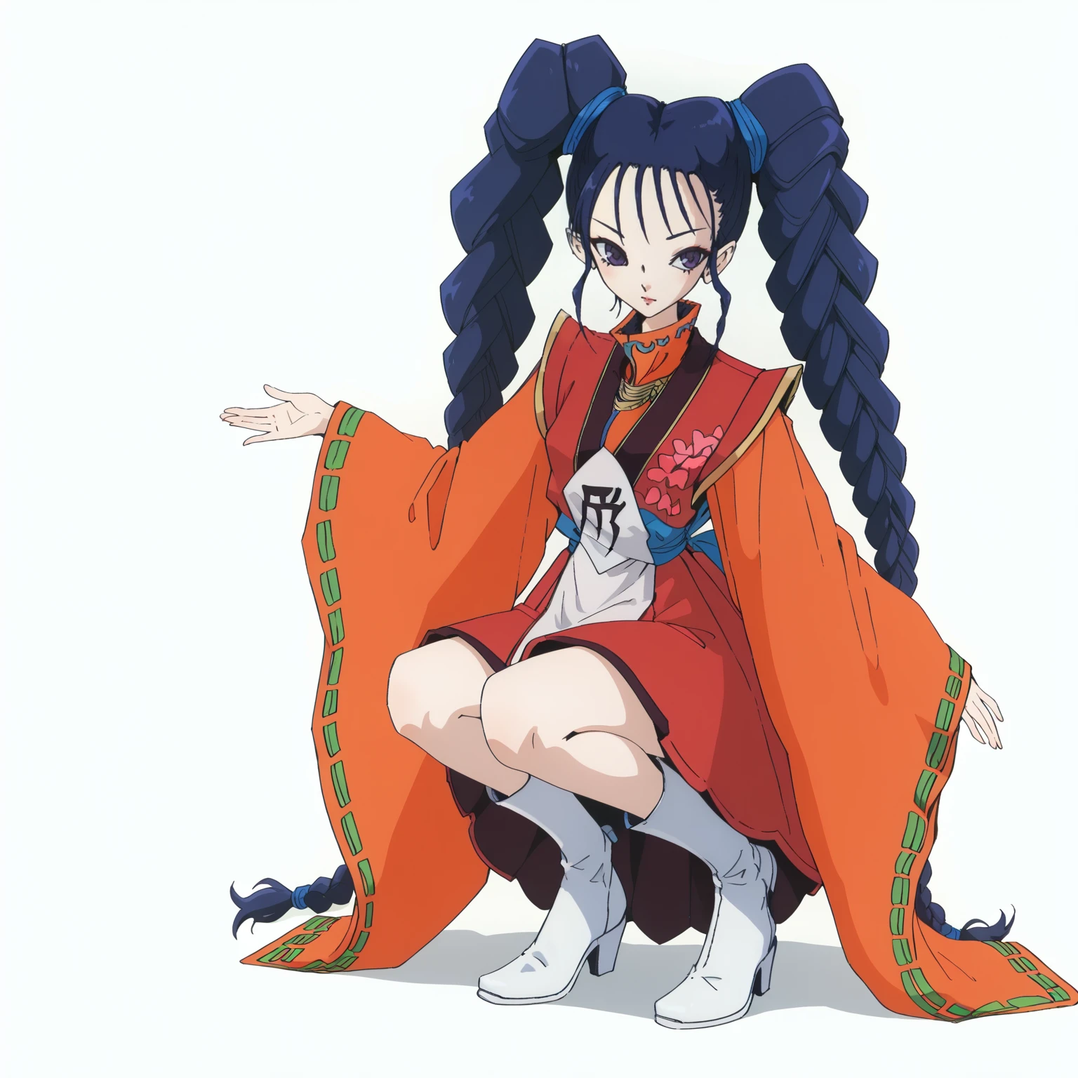 <lora:PrincessTIGHTNAVENXLpony001>,
solo,
PrincessTIGHTNAVEN,1girl,blue hair,twintails,twin braids,purple eyes,
red dress,wide sleeves,
skirt,white boots,
full body,squatting,