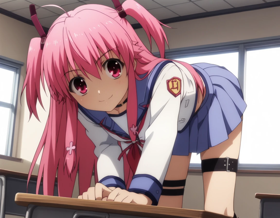 score_9, score_8_up, score_7_up, source_anime,
angelbeatsyui, <lora:angel-beats-yui-s1-ponyxl-lora-nochekaiser:1>,
yui, long hair, pink hair, pink eyes, two side up,
school uniform, serafuku, thigh strap, ankle lace-up,
indoors, classroom, bent over, smile,
looking at viewer, solo, cowboy shot, dutch angle,