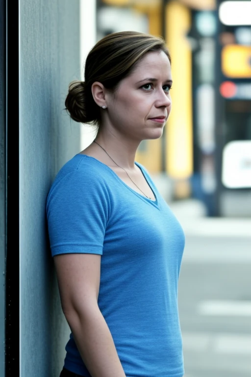 ((pmbsly)), photograph,Best quality, professional, studio shoot, A woman in casual clothes, looking at the camera with a hint of mischief in her eyes, wearing a red lipstick and a pair of stylish sunglasses. Her hair is tied back in a messy bun, revealing a delicate necklace around her neck. She's standing on a street corner, surrounded by busy traffic and tall buildings, with a hint of the ocean in the background.