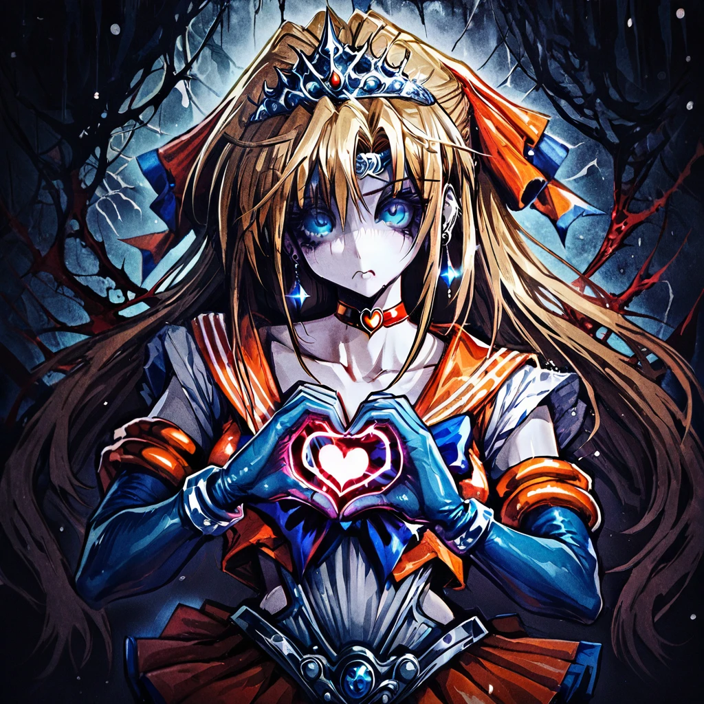 horror-theme-style,(masterpiece),(best quality),1girl,sailor venus,masterpiece,best quality,very aesthetic,absurdres,aavenus,long hair,blonde hair,hair bow,tiara,blue eyes,earrings,orange choker,collarbone,orange sailor collar,blue bowtie,white shirt,white leotard,elbow gloves,white gloves,pleated skirt,orange skirt,heart hands,