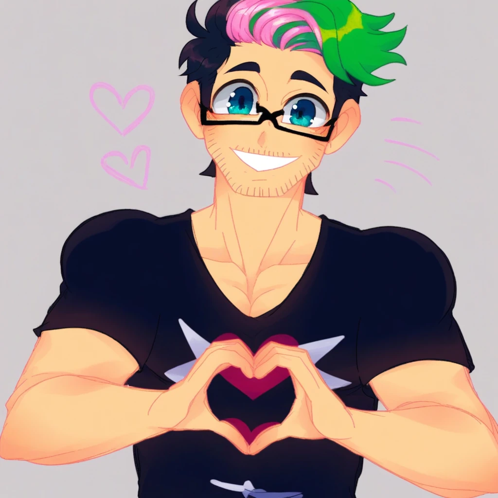 close-up, ((1boy)), college boy, solo, male focus, Ichiban, multicolored hair, pink hair, green hair, black hair, facial hair, glasses , muscular , bara, looking down at viewer, light smile, black jeans, black t-shirt, heart hands