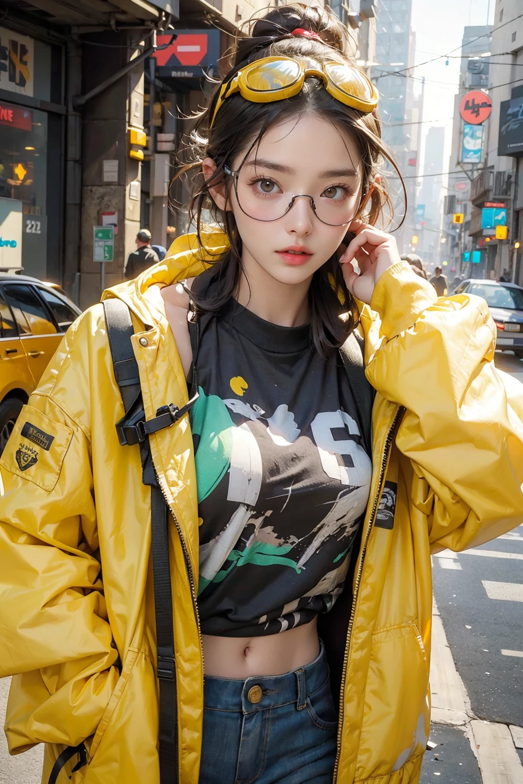 there is a woman with goggles on her head and a yellow jacket, ultra-realistic digital art, hyperrealistic digital art, hyperrealistic digital painting, ultra realistic digital painting, post apocalyptic outfit, cyberpunk, dirty