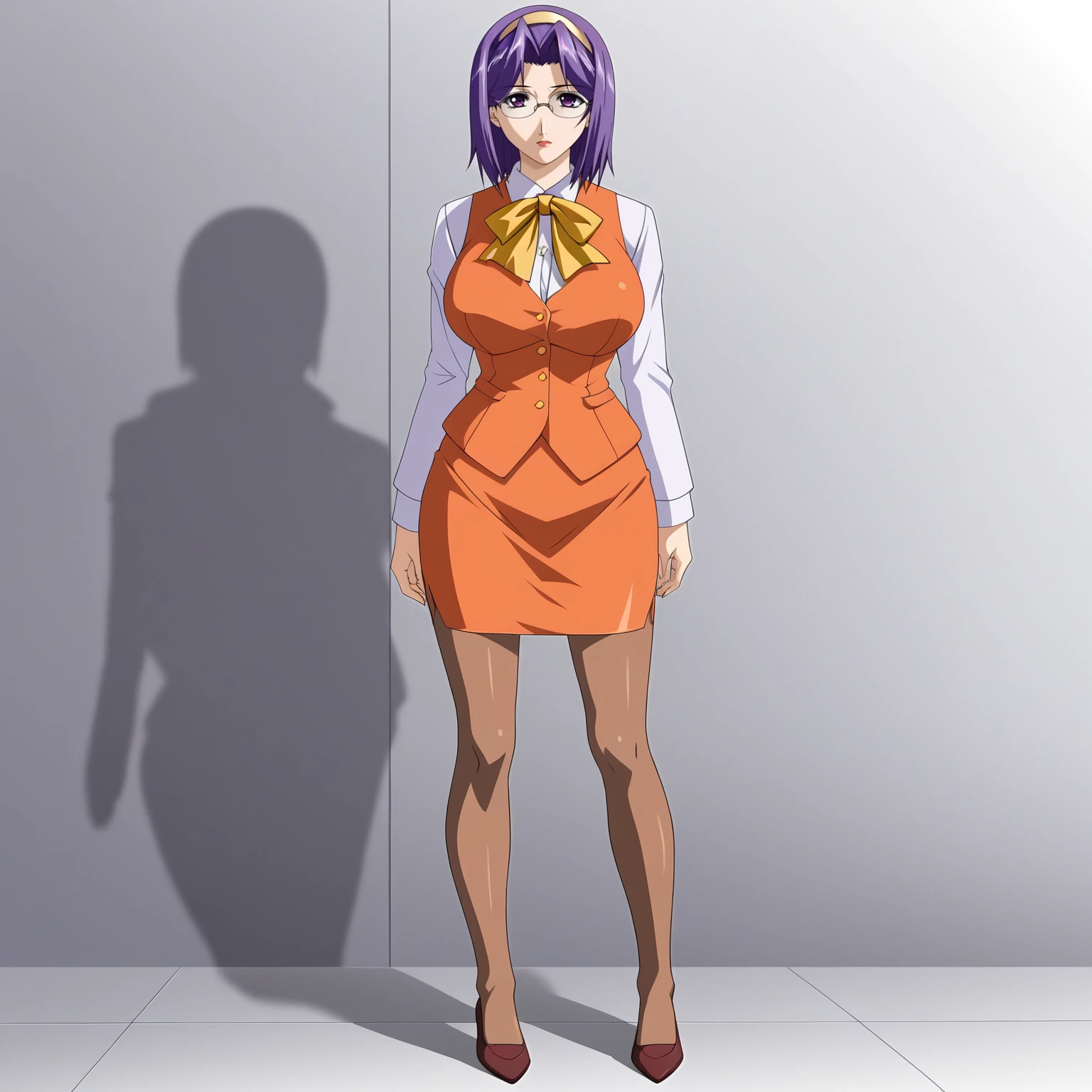 <lora:ChisaSakuraiXLpony001>,
solo,
ChisaSakurai,1girl,purple hair,hair band,medium hair,purple eyes,eyewear,large breasts,
skirt_suit,yellow ribbon tie,vest,long_sleeves,
pencil_skirt,
brown pantyhose,
full body,standing,