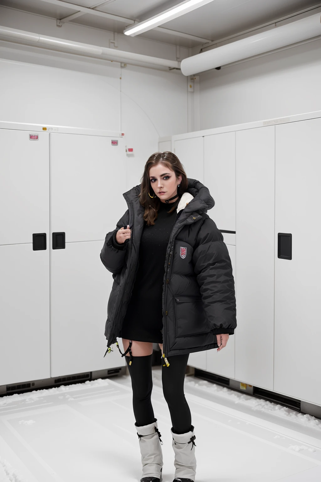 A sexy woman, detailed scene , street photography, girl, lipliner, eyeliner, long icy hair, brown hair, 1girl, posing for camera, (wearing a small black choker, wearing sexy makeup and black eyeliner),
high quality, high resolution, photography, realistic, inside a walk in freezer, extreme cold, freezing cold, shivering, snow, frost, indoors in industrial freezer warehouse, covered in snow, inside, indoors, (black arctic expedition puffy down jacket, massive black puffy down jacket, black extreme cold weather parka, sweater:1.1) <lora:Fjallraven_Expedition:1>
