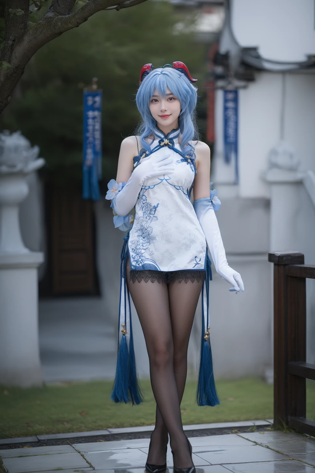 best quality,masterpiece,realistic,photorealistic,1girl,solo,looking at viewer,smile,standing,hand on own chest,full body,ganyu cosplay costume,ganyu,genshin impact,alternate costume,blue hair,long hair,ahoge,dress,chinese clothes,china dress,horns,goat horns,gloves,elbow gloves,pantyhose,black pantyhose,high heels,chinese garden,flower,water,tree,<lora:Genshin_Ganyu_China_Dress_v1:0.75>,<lora:Background_Detail_v3:1.5>,