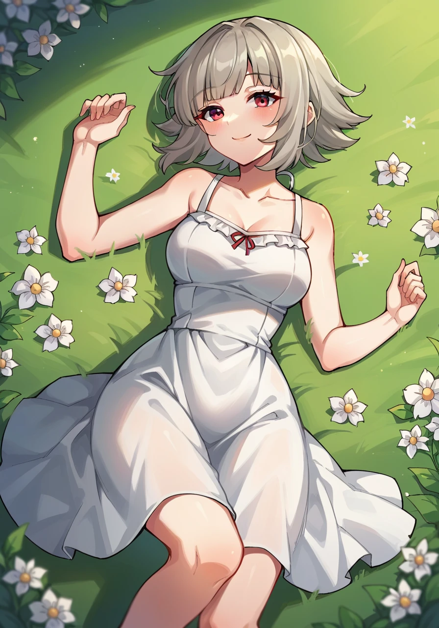 score_9, score_8_up, score_7_up, score_6_up, score_5_up, score_4_up, BREAK source_anime, <lora:FEH_Veronica_pony:0.8>, feh_veronica, solo, 1girl, short hair, red eyes, grey hair, medium breasts, sundress, green field, lying on field, smile, flowers