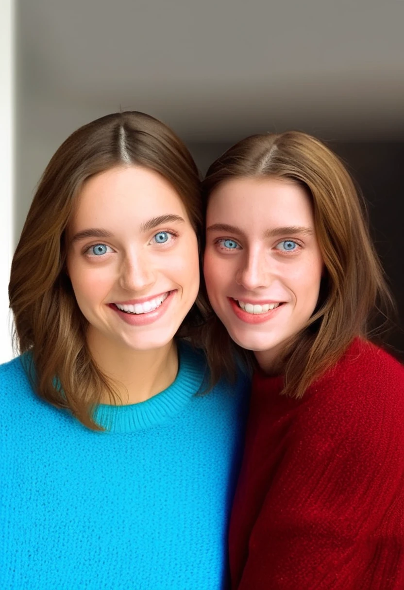 Twin women smiling. They have brown hair and blue eyes. They're wearing sweaters. The woman the left is wearing a blue sweater, and the woman on the right is wearing a red sweater.