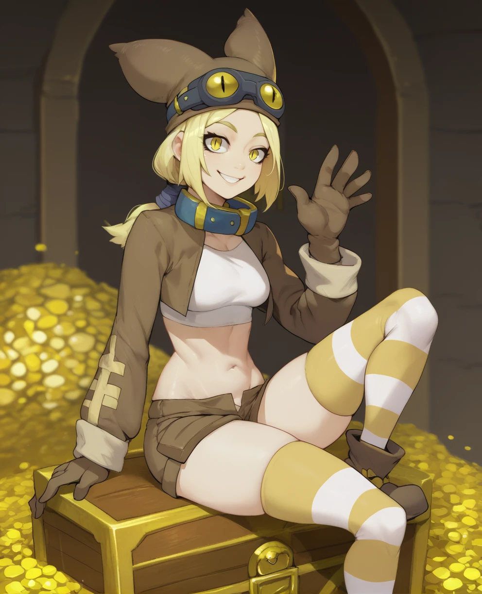 score_9,score_8_up,score_7_up,score_6_up,Thiefxl,blonde hair,yellow eyes,low ponytail,slit pupils, waving, leg up,
animal hat,goggles on head,crop top jacket,brown shorts,brown gloves,long sleeves,curvy,neck belt,looking at viewer,smile,striped thighhighs,
treasure chest,indoors,sitting,
solo,<lora:Thiefpxl3:0.8>,