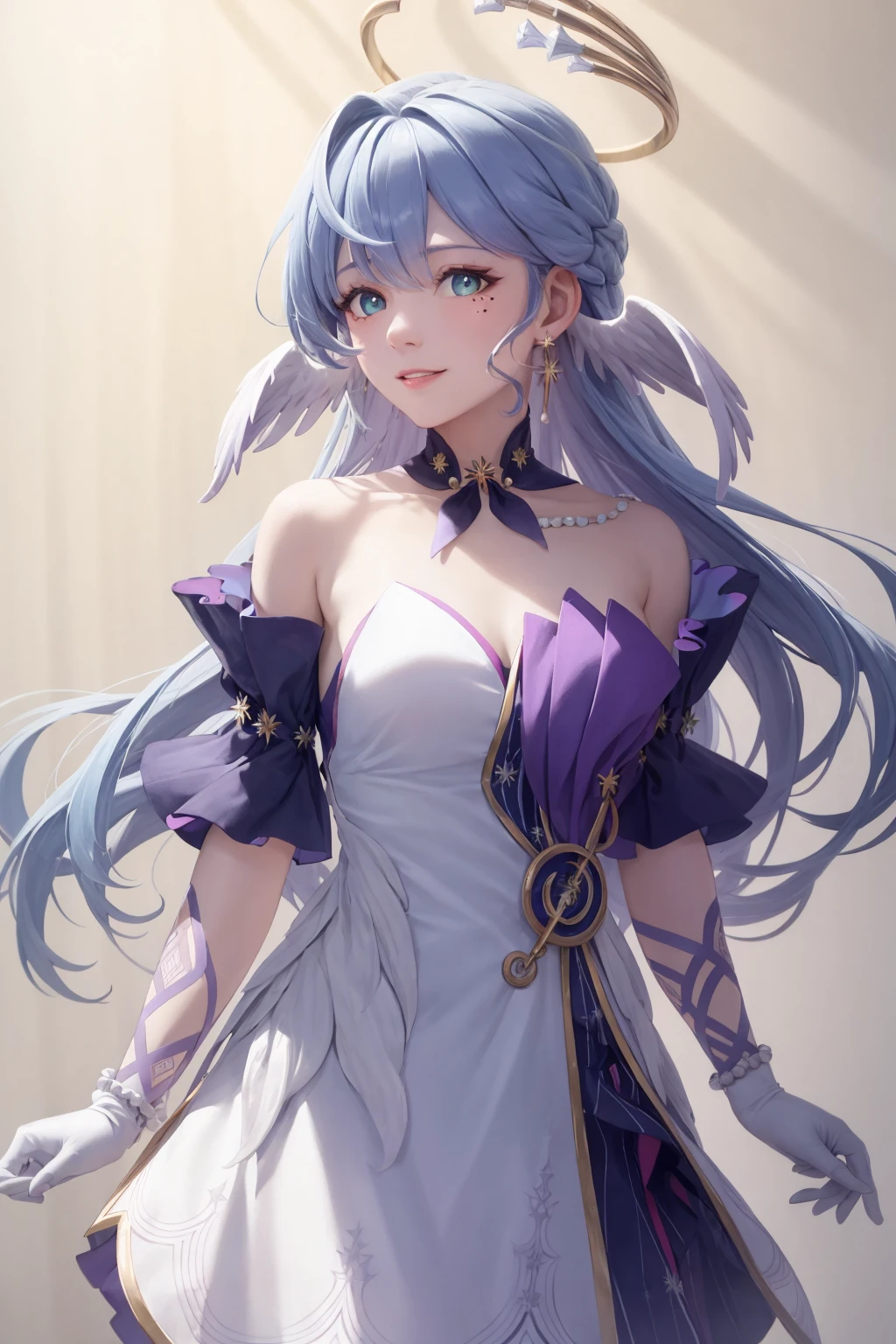 masterpiece, best quality,  <lora:robin:1>,
1girl,solo,halo,long hair,blue hair,hair ornament,earrings,mole,blue eyes,jewelry,white gloves,bare shoulders, white dress, 
grey background, cowboy shot, light smile,light on face,