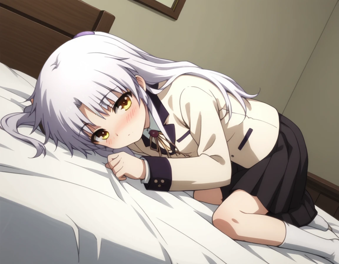 score_9, score_8_up, score_7_up, source_anime,
kanadetachibana, <lora:kanade-tachibana-s1-ponyxl-lora-nochekaiser:1>,
kanade tachibana, long hair, white hair, yellow eyes,
skirt, school uniform, jacket, blazer, skirt, black skirt, pleated skirt, long sleeves,
indoors, bed, bed room, on side, blush, drunk,
looking at viewer, solo, cowboy shot, dutch angle,