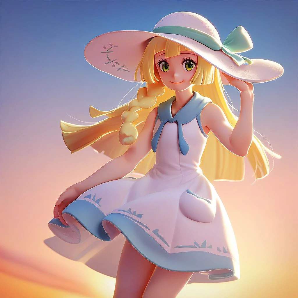 score_9,score_8_up,score_7_up,score_6_up,score_5_up,score_4_up, solo,, 1girl, solo, lillie, smile, blonde hair, green eyes, hat, white headwear, sun hat, white dress, sleeveless