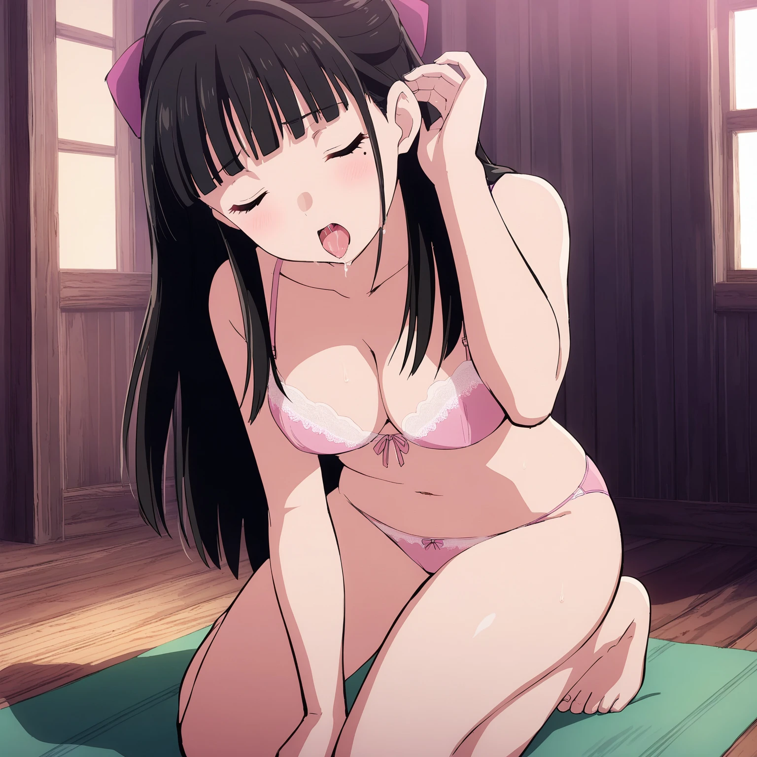 1girl,sayo,solo, long hair,hair ribbon, blush,seiza,mole,lace bra,pink bra,pikn panties,underwear only,nude,(tangue out:1.3),look down,closed eyes,saliva trail, steam,
tucking hair, tucking hair, hand up, hair tucking, hand in hair, adjusting hair,<lora:tuckinghair_XL_v1:0.7> open mouth,licking,fusuma,indoors, in japanese room,
best quality, very aesthetic, absurdres, <lora:SDXL_sayo_kitarou_animazine3:1>, ,master piece,best quality,