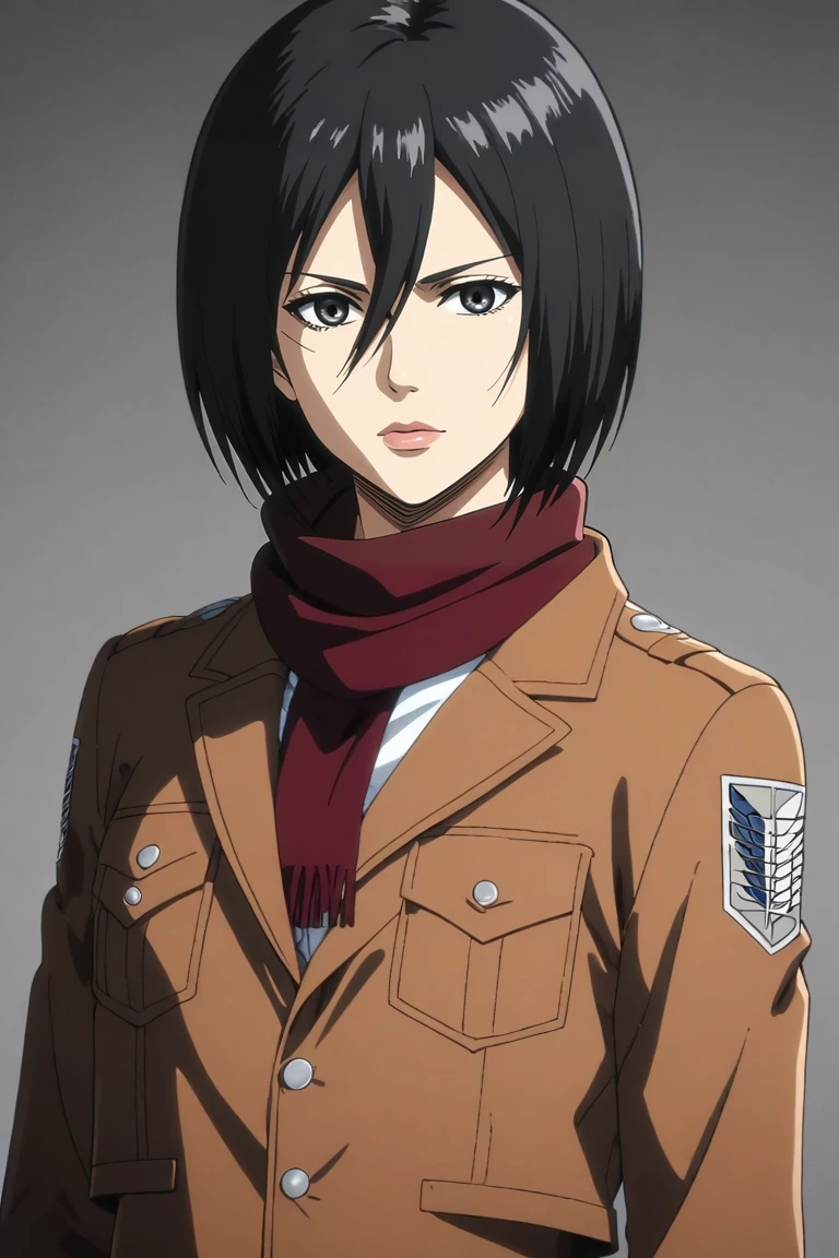 score_9, score_8_up, score_7_up, source_anime, rating_safe, intricate details, anime screencap, cowboy shot, looking at viewer, , 1girl, solo, <lora:mikasa_ackerman_pony:0.85>, mikasa_ackerman, black hair, black eyes, hair between eyes, short hair, lips, scarf, jacket, paradis military uniform, s2, <lora:sdxl_lightning_8step_lora:1>