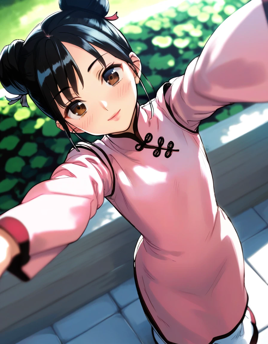 score_9, score_8_up, score_7_up, rating_safe BREAK
1girl, solo, smile, blush, looking at viewer, (looking up, from above:1.2), chinese clothes, pink dress, long sleeves, brown eyes, black hair, bangs, hair bun, (reaching towards viewer, foreshortening:1.2), lips, ribbon, garden
<lora:rokkaku_pony-v1-000010:0.8>