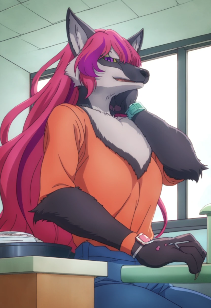 score_9, score_8_up, score_7_up, best quality, anime, kitchen background, red wallpaper, solo, thick lines, ghibli, sink, from below,
BREAK
tall athletic kemono female anthro fox sitting, grey fur, extremely fluffy, watch, looking at viewer, blue jeans, caterina-sue, <lora:caterina_lora_1:1>, detailed purple eyes with yellow sclera, face focus, black fox tail, pink hair, (orange t-shirt):1.4, orange shirt, upper body, close up, speaking, talking, mouth ajar, elbow tuft, arm tuft, fox snout