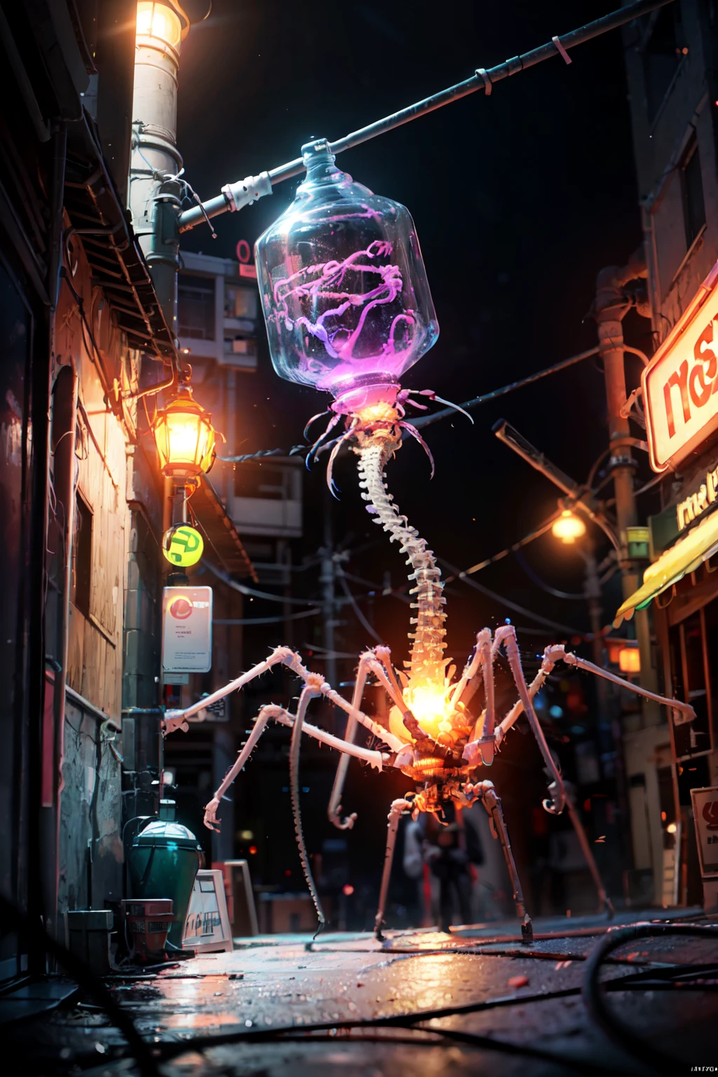 ((masterpiece,best quality)), absurdres, <lora:Bacteriophage:0.6>, Bacteriophage, no humans, skeleton, bone, <lora:Scifi_Environment_Concept_Art:0.8>, minimalist, game asset, cinematic, poster, cold colors, pink theme, neon glow, reflection, city, sign, power lines, lamppost, cyberpunk, neon lights,