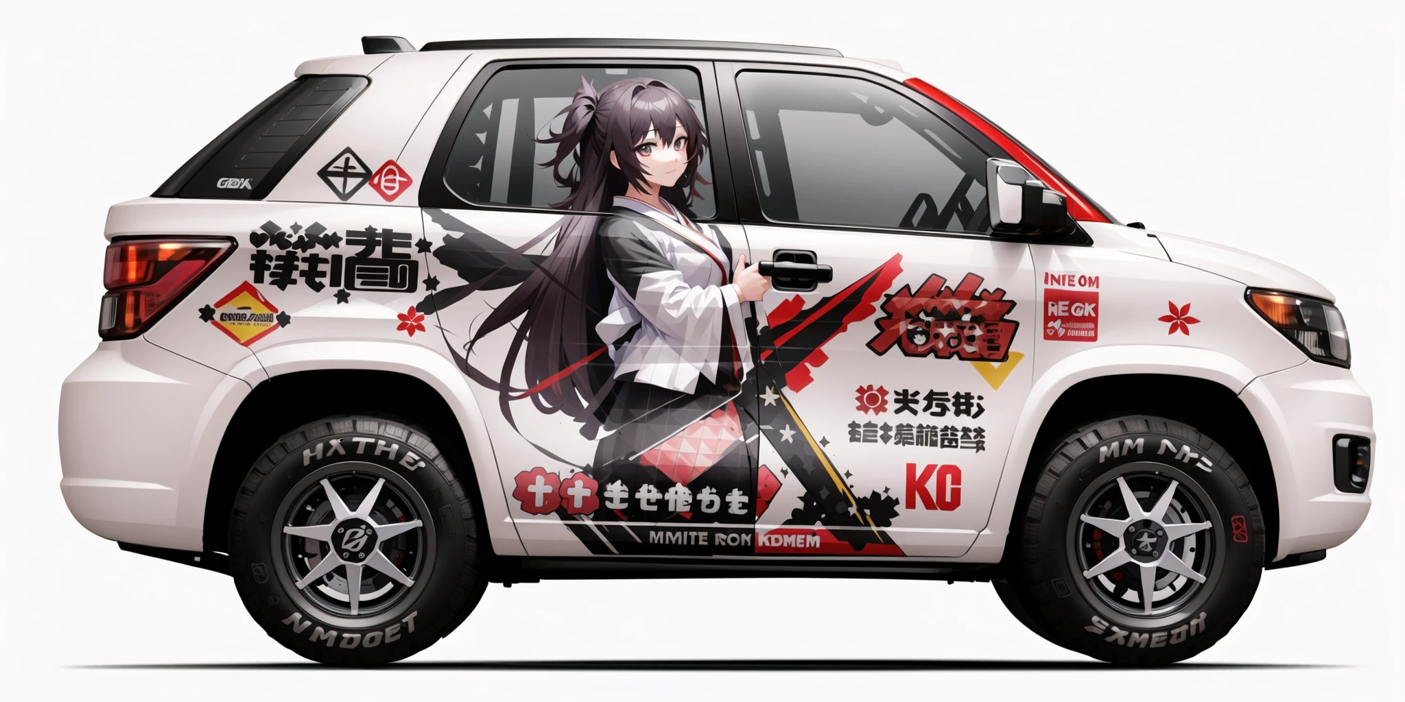 itasha design,(masterpiece:1.2),(best quality:1.2),(1car:1.1),ground vehicle,(sports car:1.3),(vehicle focus:1.2),(white background:2.1),(simple background:1.7),(extremely detailed CG unity 8k wallpaper:1.6),(masterpiece, top quality, best quality:1.5),colorful,1girl,portrait,(delicate eyes and face:1.2),volumatic light,(extreme detailed:1.2),(realistic, photo-realistic:1.27),(CG:1.1),unity,(wallpaper:1.3),colorful,(highest detailed:1.3),(looking at viewer:1.1),solo,(english text:0.3),japanese clothes,close-up,<lora:itashadesign:0.6>,